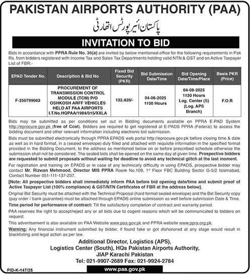 Pakistan Airport Authority Karachi Tender Notice